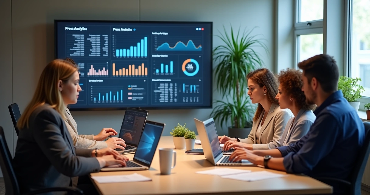 Equipe analisando resultados de assessoria de imprensa em computadores e gráficos 