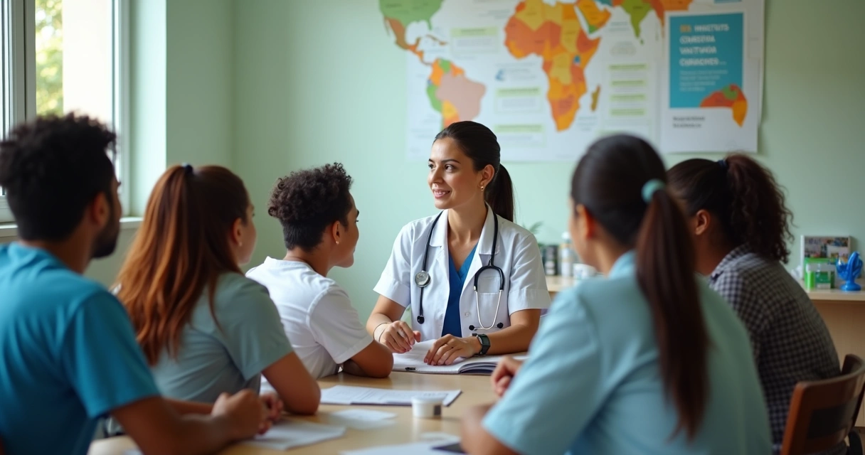 Sala de atendimento do SUS com pacientes recebendo orientação sobre HIV.