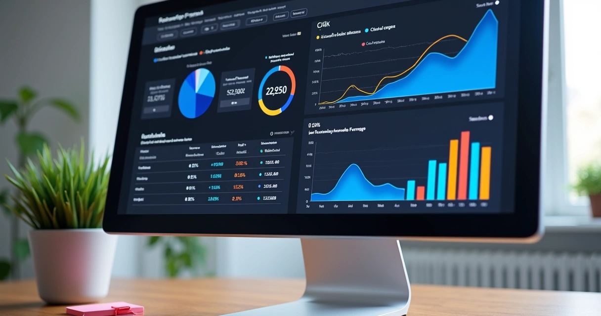 Dashboard digital exibindo gráficos e taxas de conversão SaaS B2B em monitores de mesa 