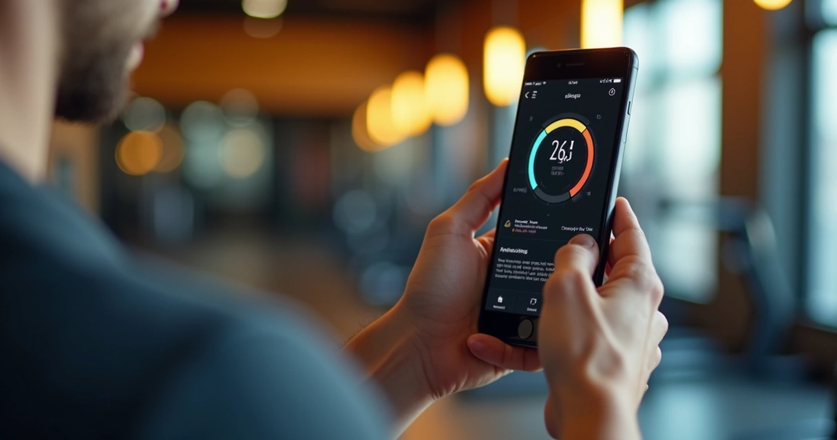 Pessoa conferindo gráfico de evolução do treino de bíceps no celular 