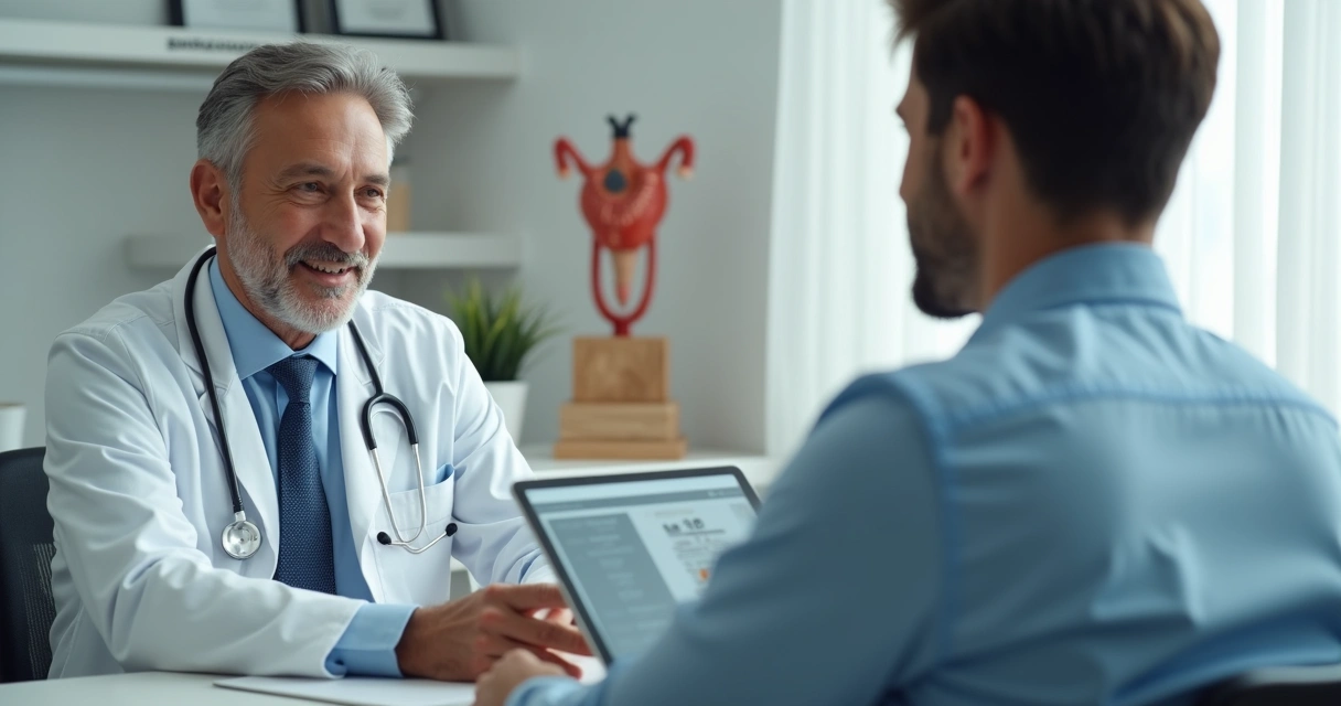 Urologista conversando com paciente em acompanhamento de rotina 