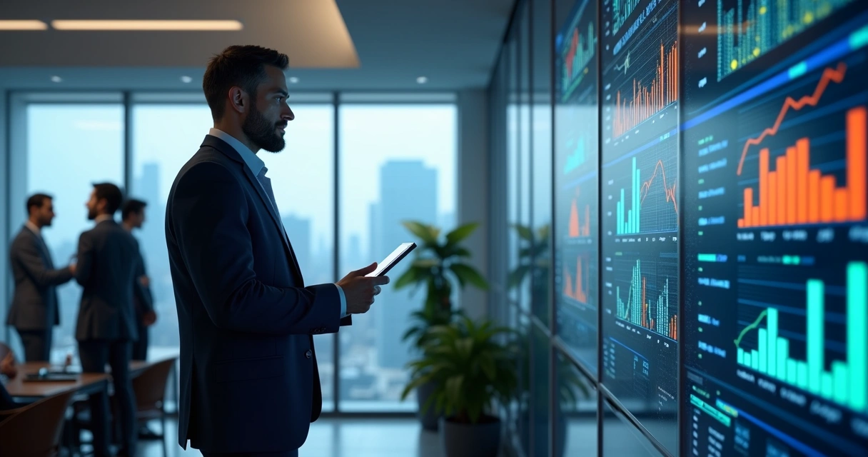 Gestor comercial acompanhando painel digital com indicadores de IA. 