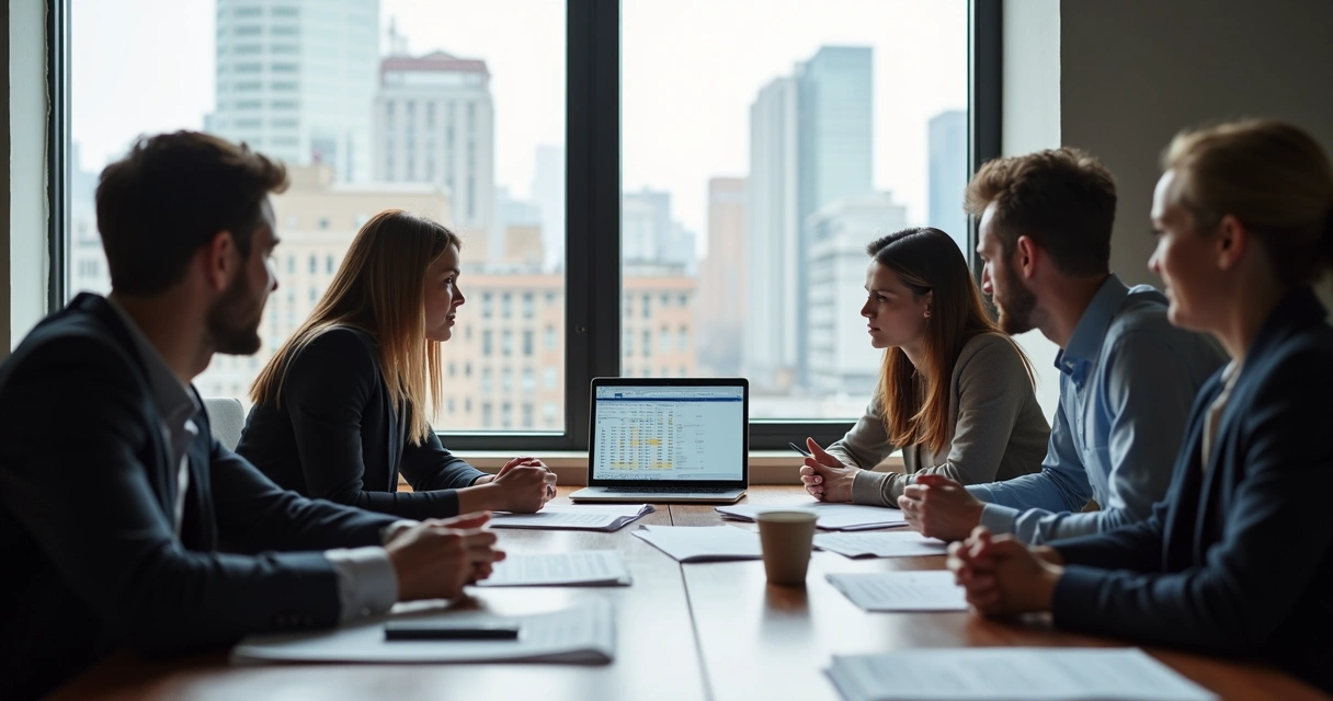 Equipe comercial reunida analisando planilha de vendas em escritório. 