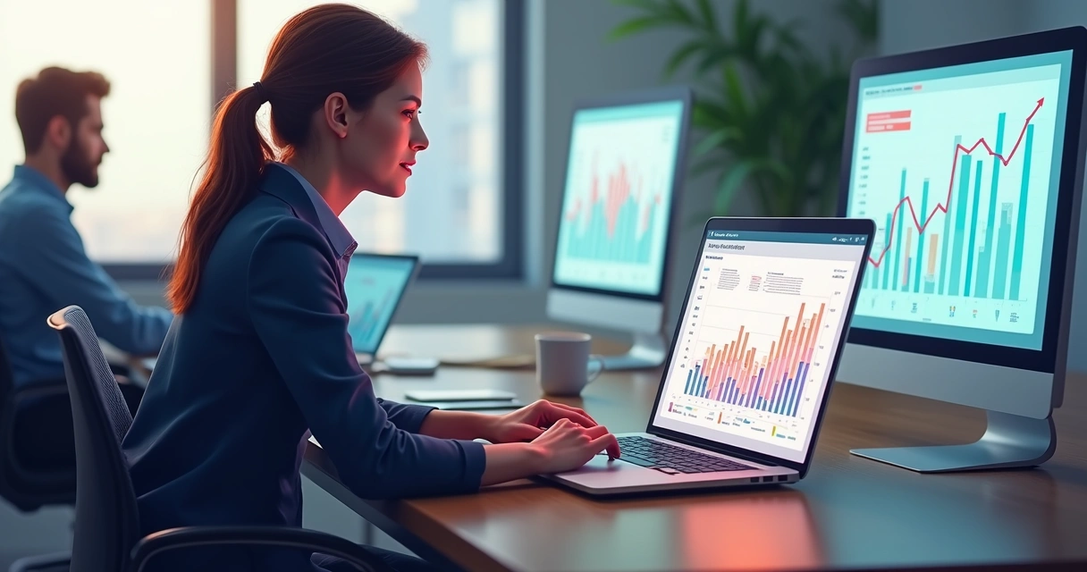 Vendedor olhando portal digital com gráfico de ganhos 
