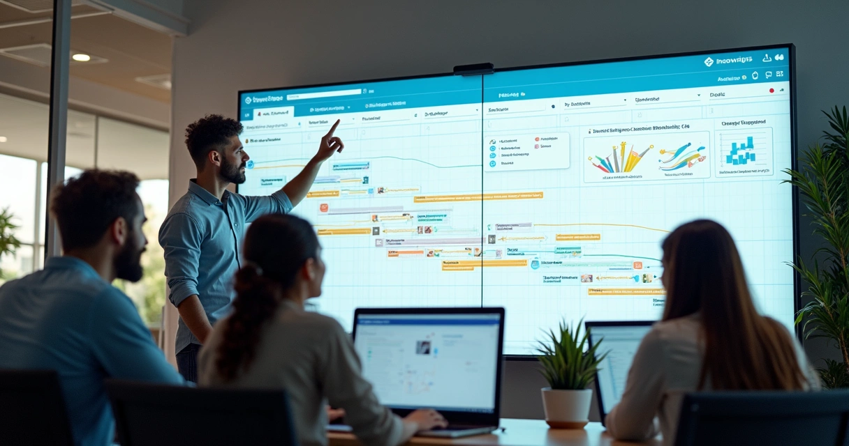 Equipe acompanhando quadro visual de tarefas e gráficos de desempenho do Asana