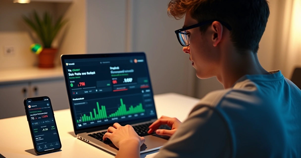 Pessoa acompanhando cotações em tempo real em notebook e celular na TrendPlay 