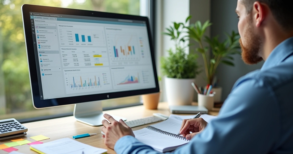 Pessoa atualizando um painel de indicadores de vendas no notebook, cercada de post-its e gráficos simples em papel. 