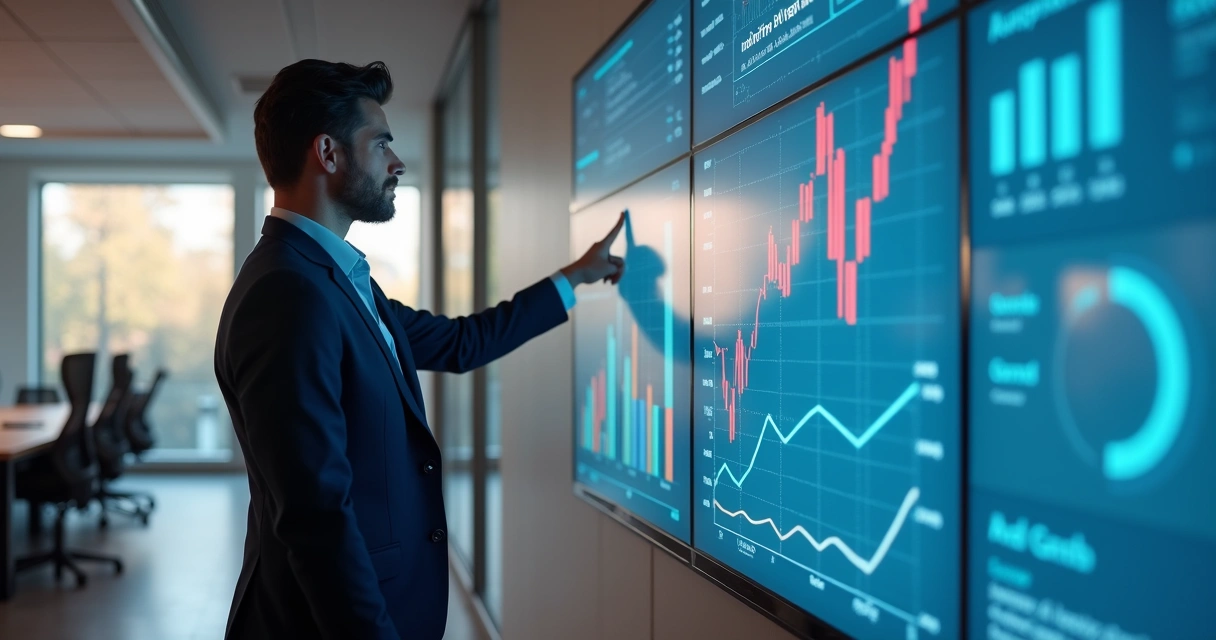 Profissional apontando gráficos de automação em tela grande. 