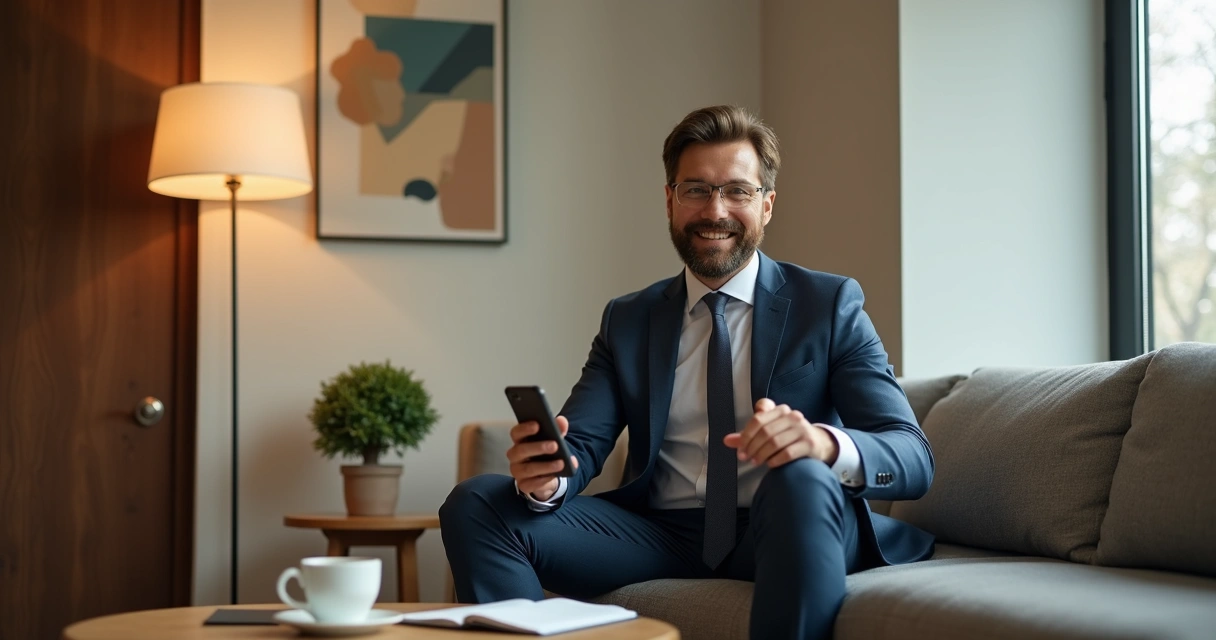Homem sentado em sala aconchegante com iluminação suave
