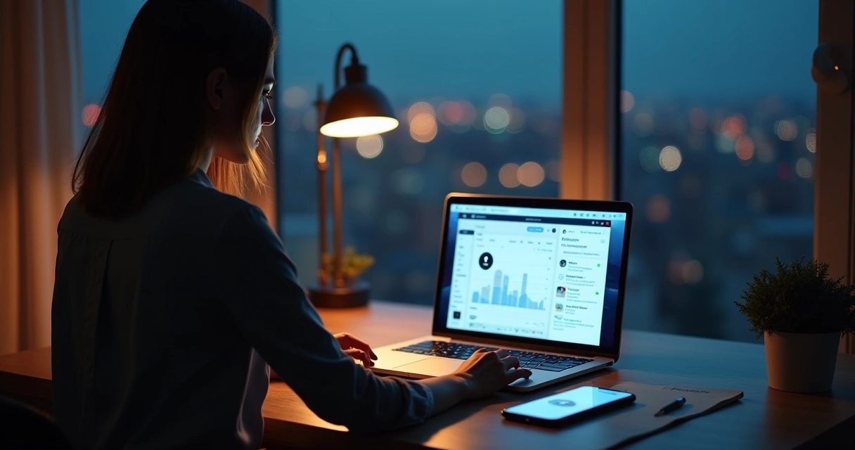 Profissional de bem-estar usando plataforma digital segura no notebook 