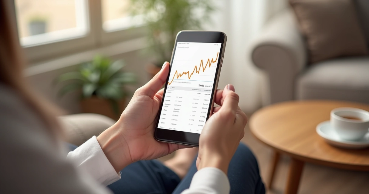 Pessoa olhando gráfico simples de investimentos no celular 