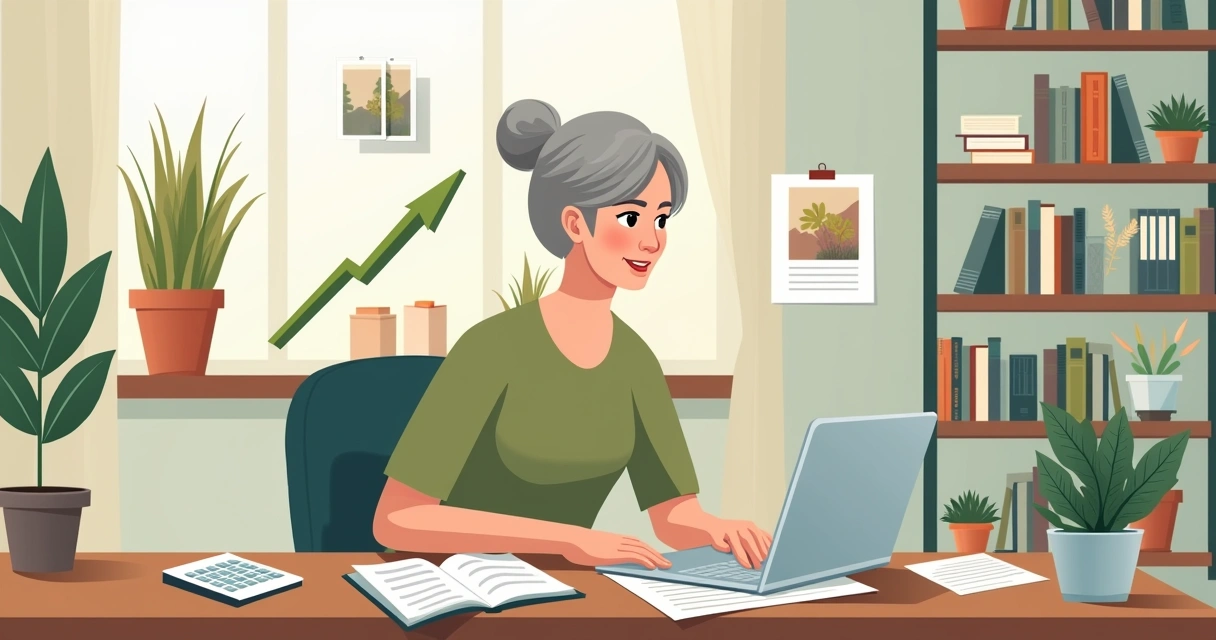 Ambiente de estudo com mulher em vídeo chamada com assessor financeiro, gráficos e natureza ao fundo.