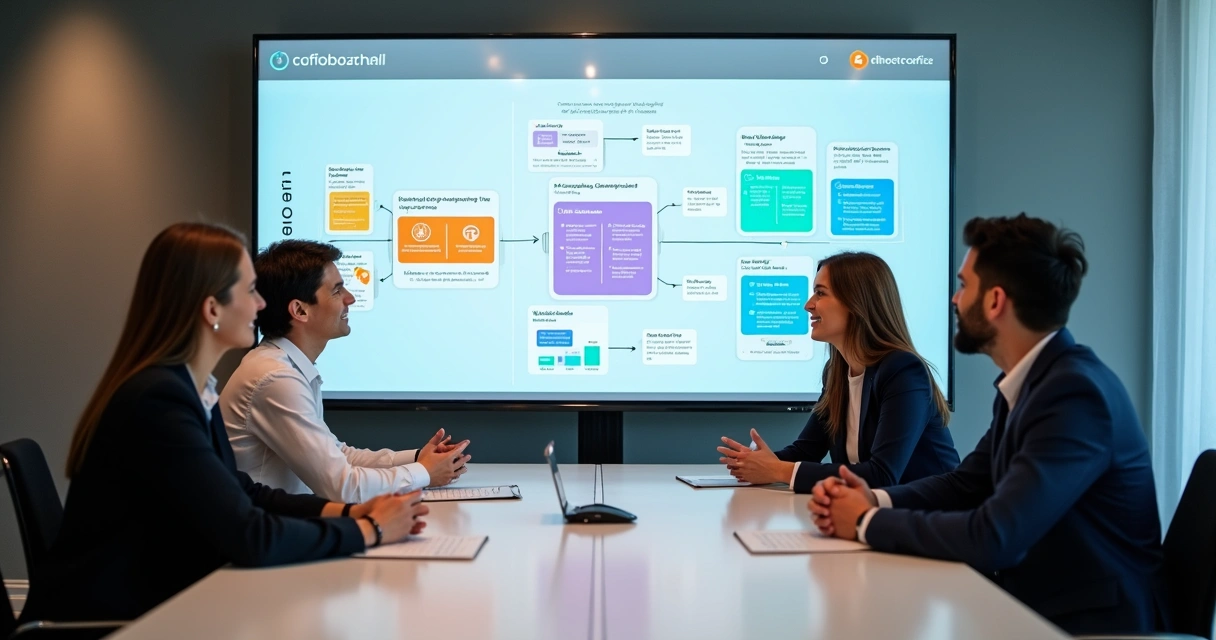 Equipe acompanhando onboarding de clientes em telão digital 