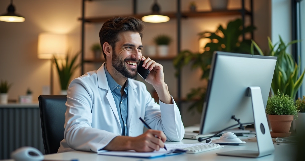 Dentista conversa por telefone com paciente em consultório