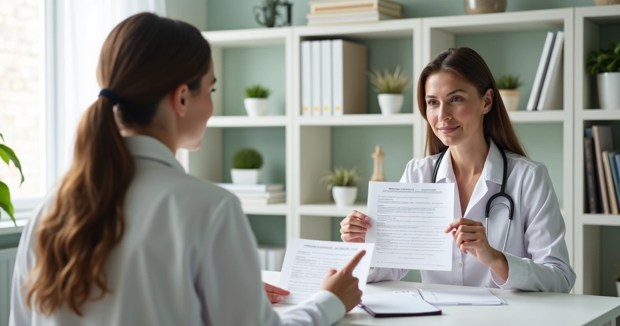 Nutricionista conversando com paciente em consultório, apontando para fórmula de suplemento 