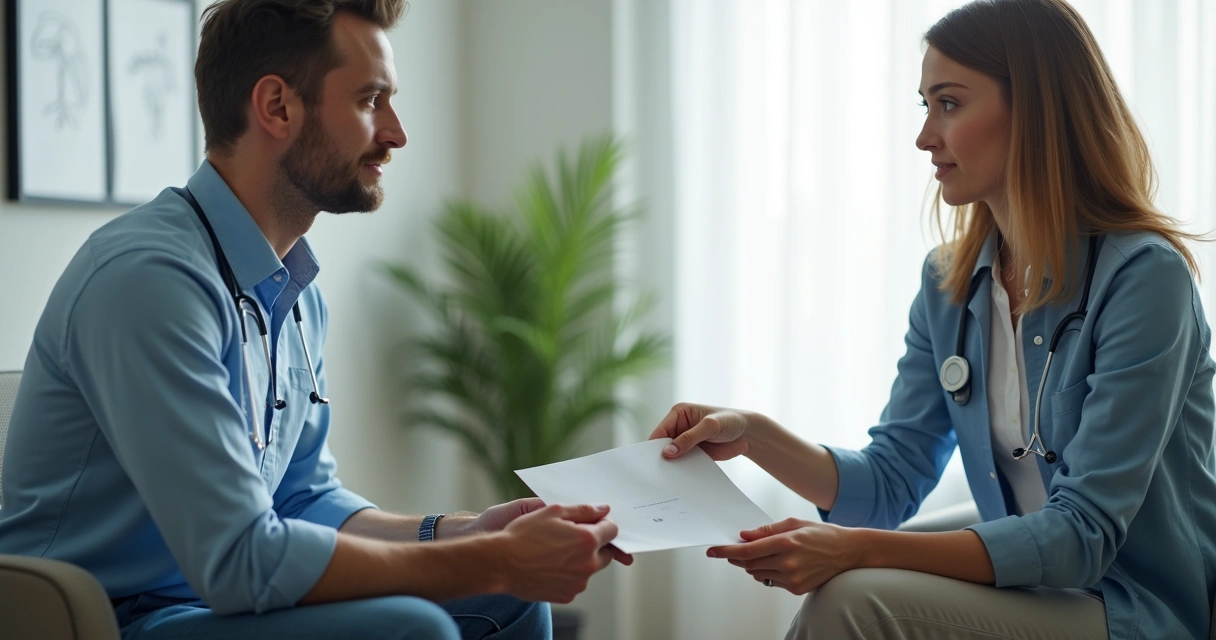 Profissional de saúde mostrando resultados de teste de ISTs para casal, separados por envelopes 