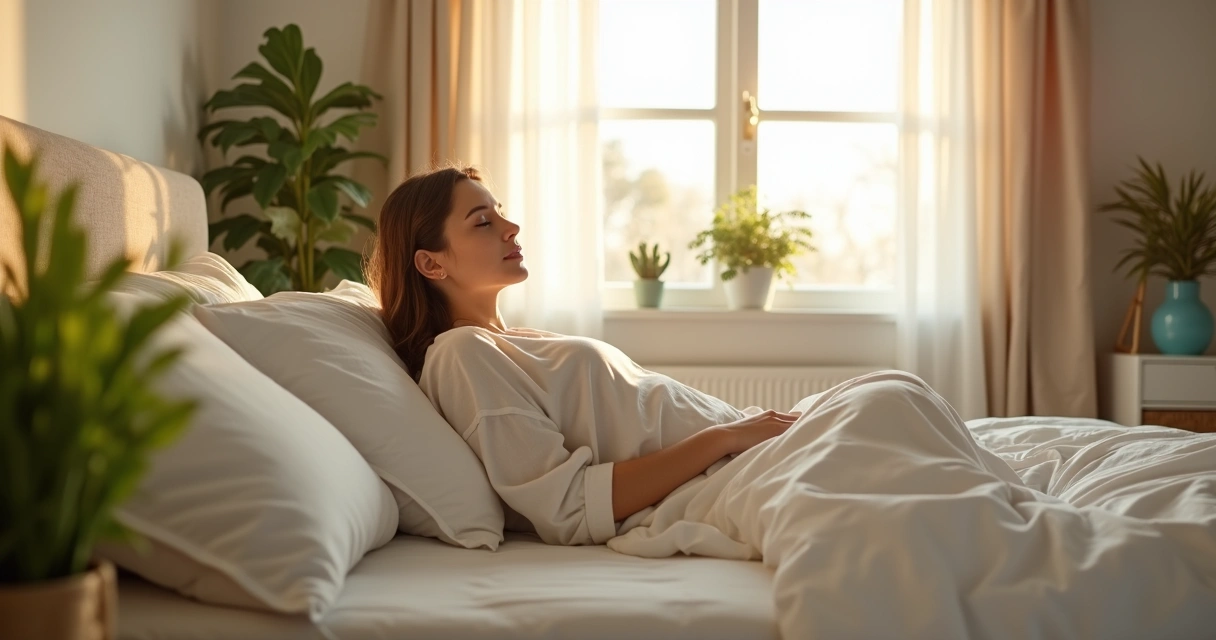 Pessoa sentada na cama ao amanhecer, luz suave entrando pela janela 