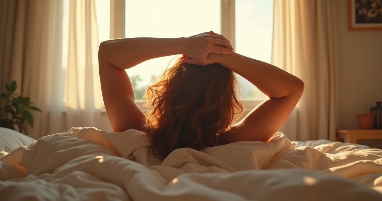 Pessoa se espreguiçando na cama com luz de manhã entrando pela janela