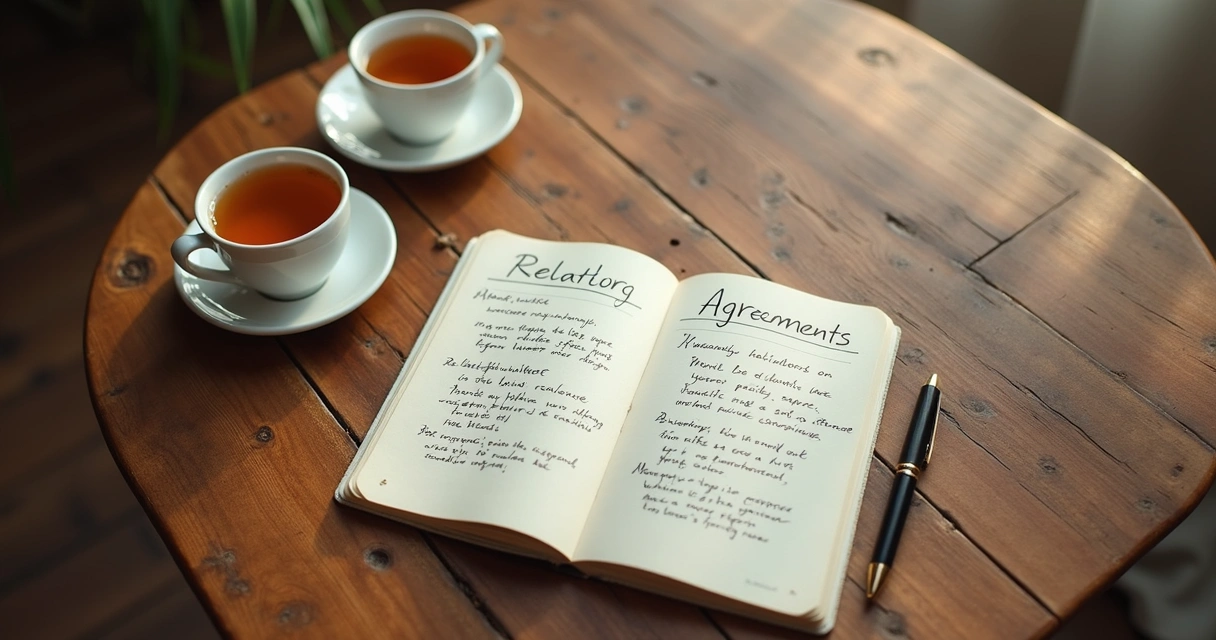 Caderno com anotações de acordos afetivos sobre mesa 