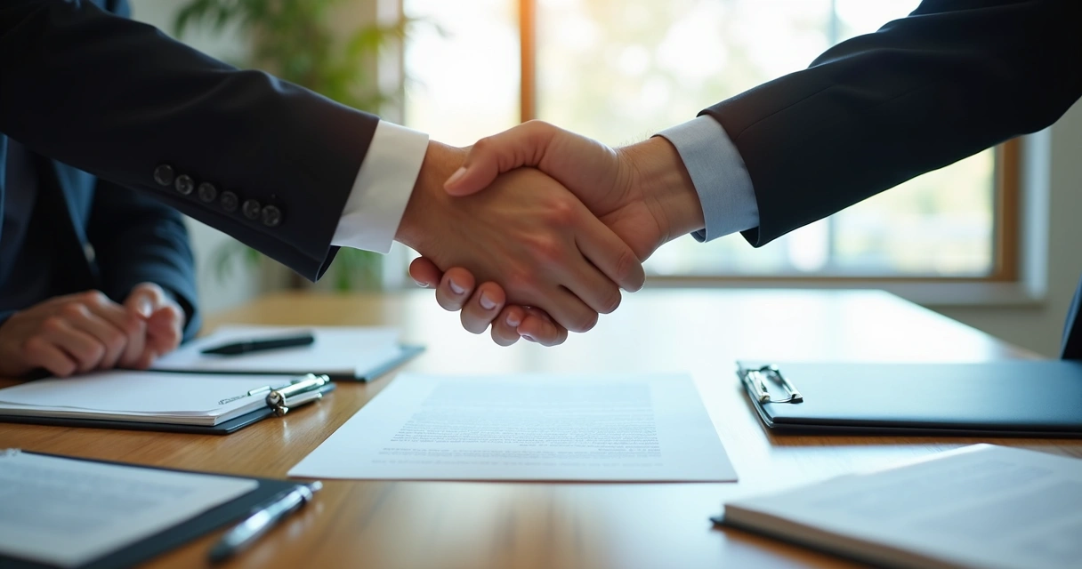 Empresários apertando as mãos após assinatura de documentos sobre uma mesa 