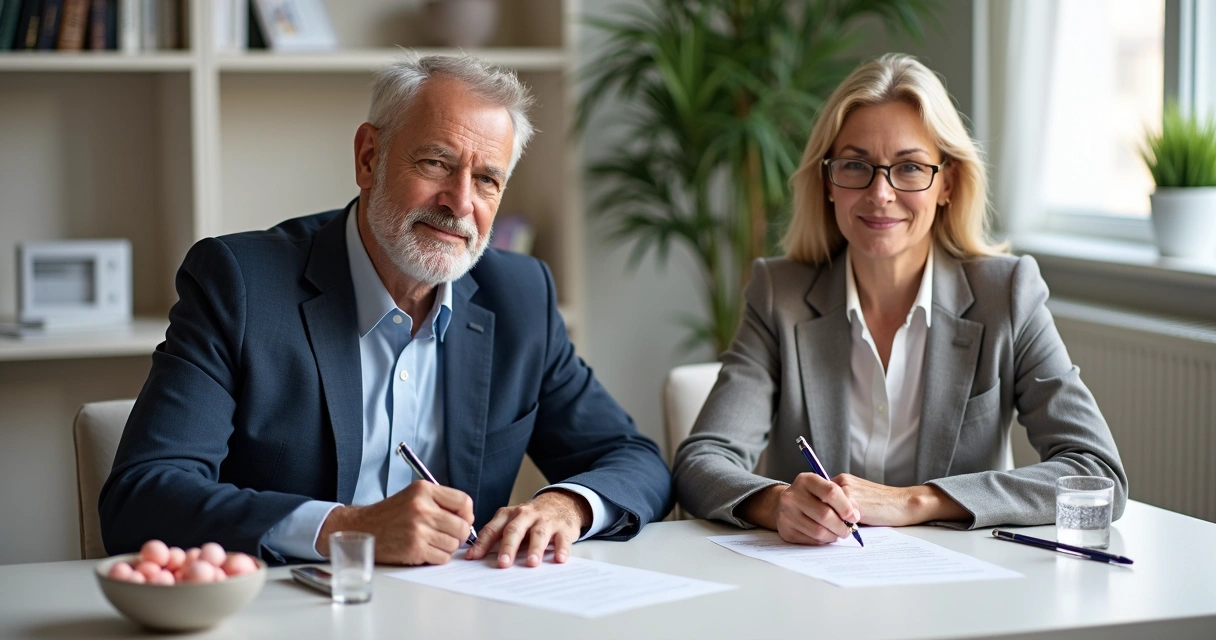 Casal assinando documentos de separação em cartório 