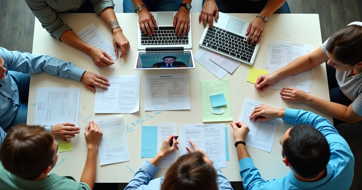 Mãos de equipe organizando acordos de trabalho em mesa compartilhada