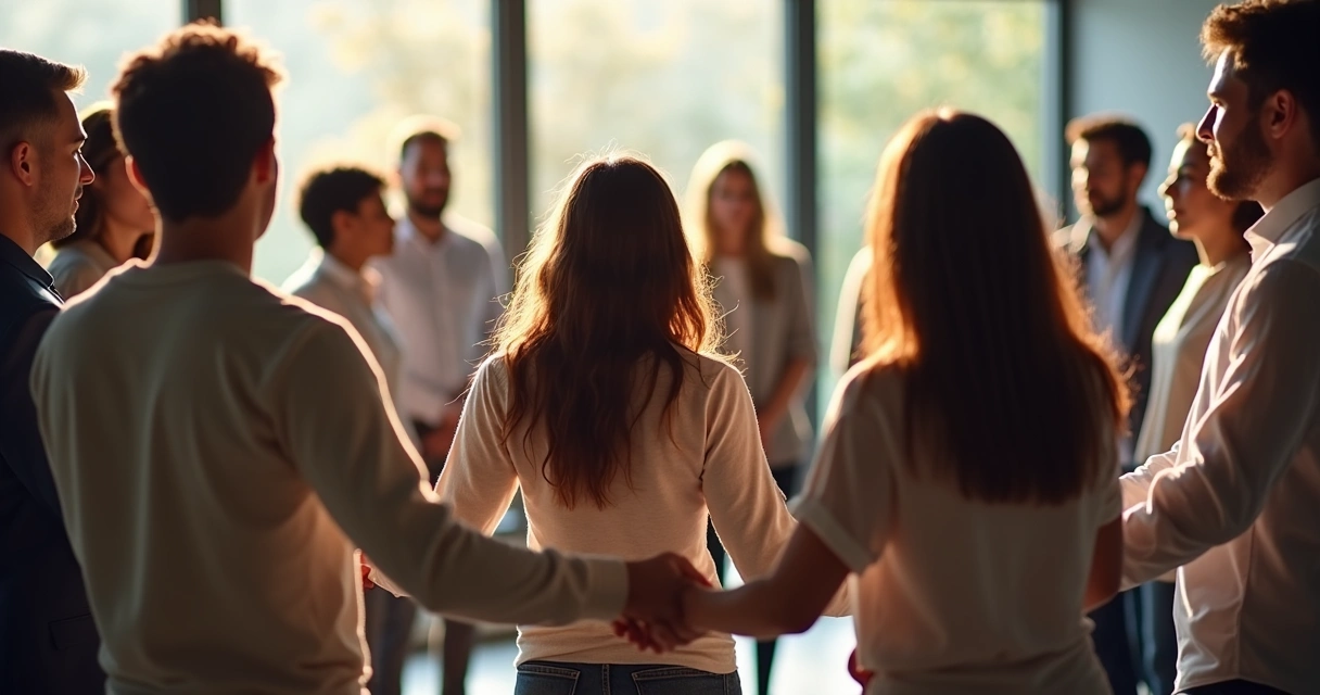 Grupo de pessoas de mãos dadas formando acordo coletivo