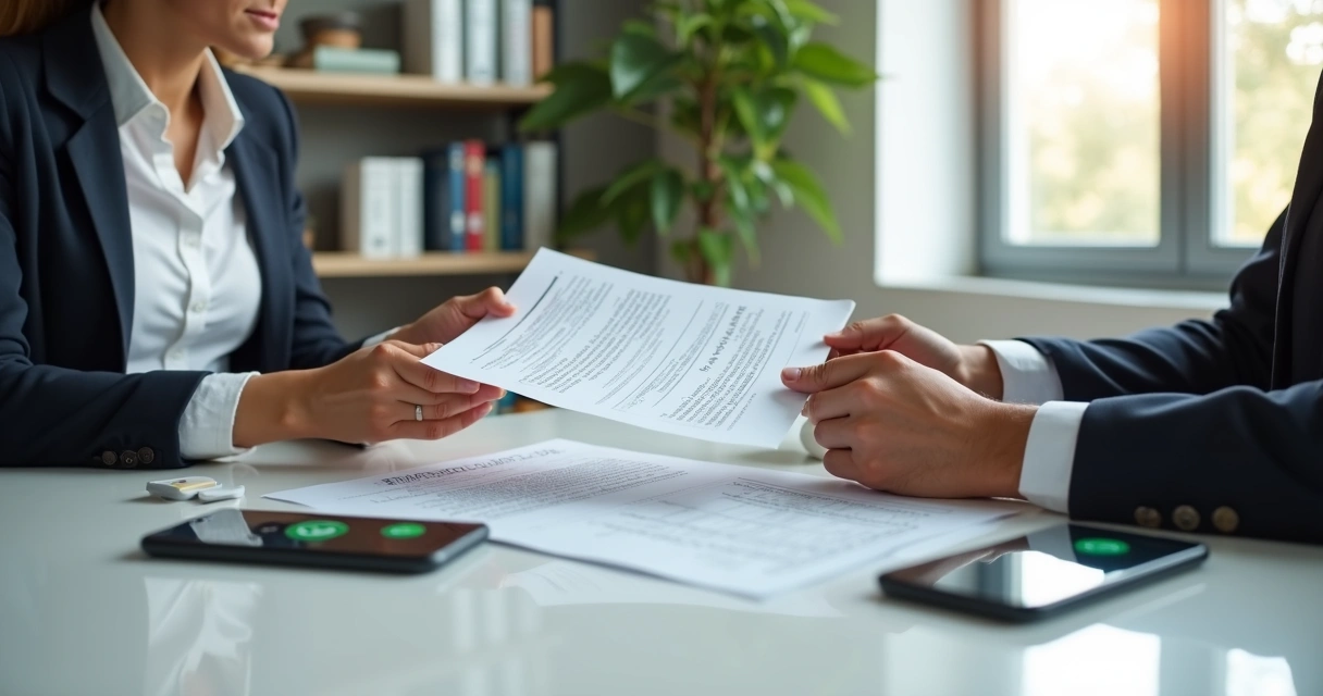 Duas pessoas sentadas à mesa, locador e inquilino, trocando documentos e dialogando. 
