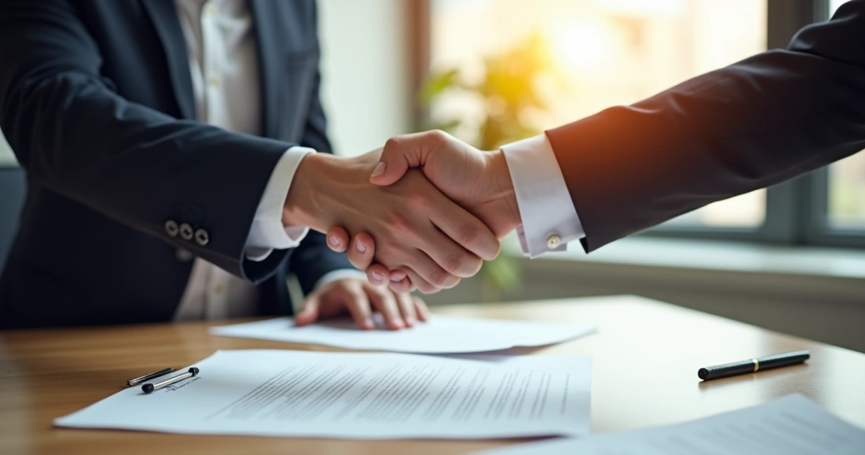 Duas pessoas apertando as mãos durante uma reunião, contrato sobre a mesa, ambiente corporativo 