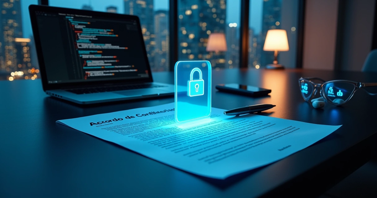 Contrato de confidencialidade com ícones digitais de proteção de dados 