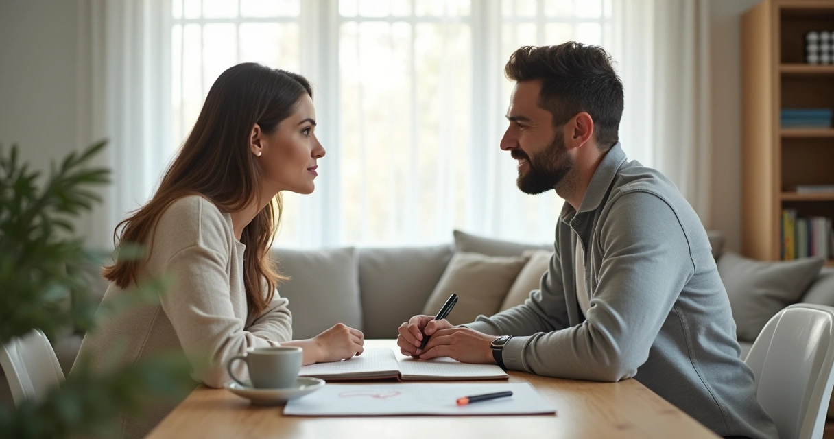 Casal sentado à mesa criando um acordo consciente com caderno e canetas 