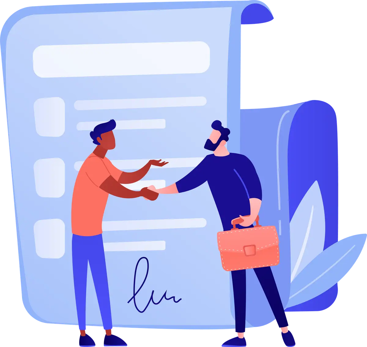 Dupla apertando as mãos diante de um contrato assinado em fundo azul