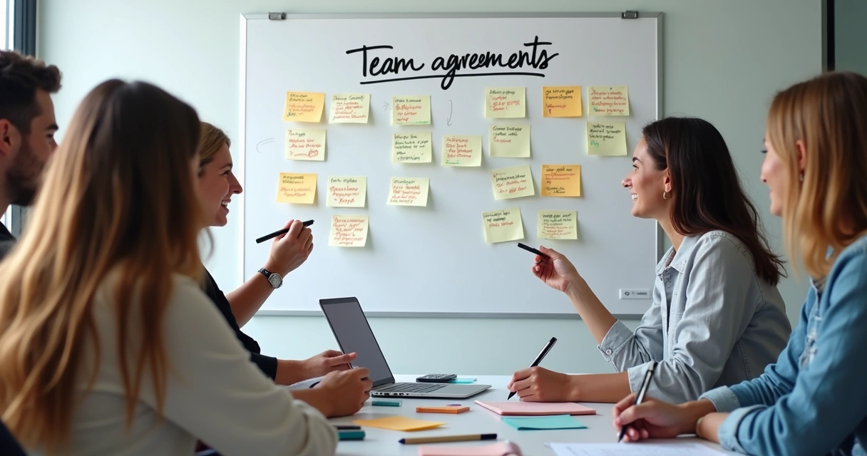 Equipe criando acordos de convivência em quadro branco 