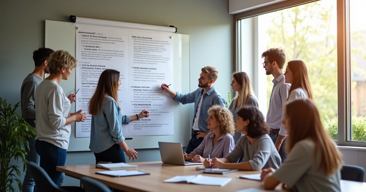 Pessoas em grupo revisando cartaz com regras em reunião em ambiente moderno.