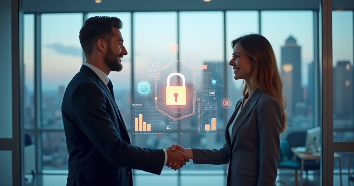 Aperto de mãos entre executivos com símbolo de dados 