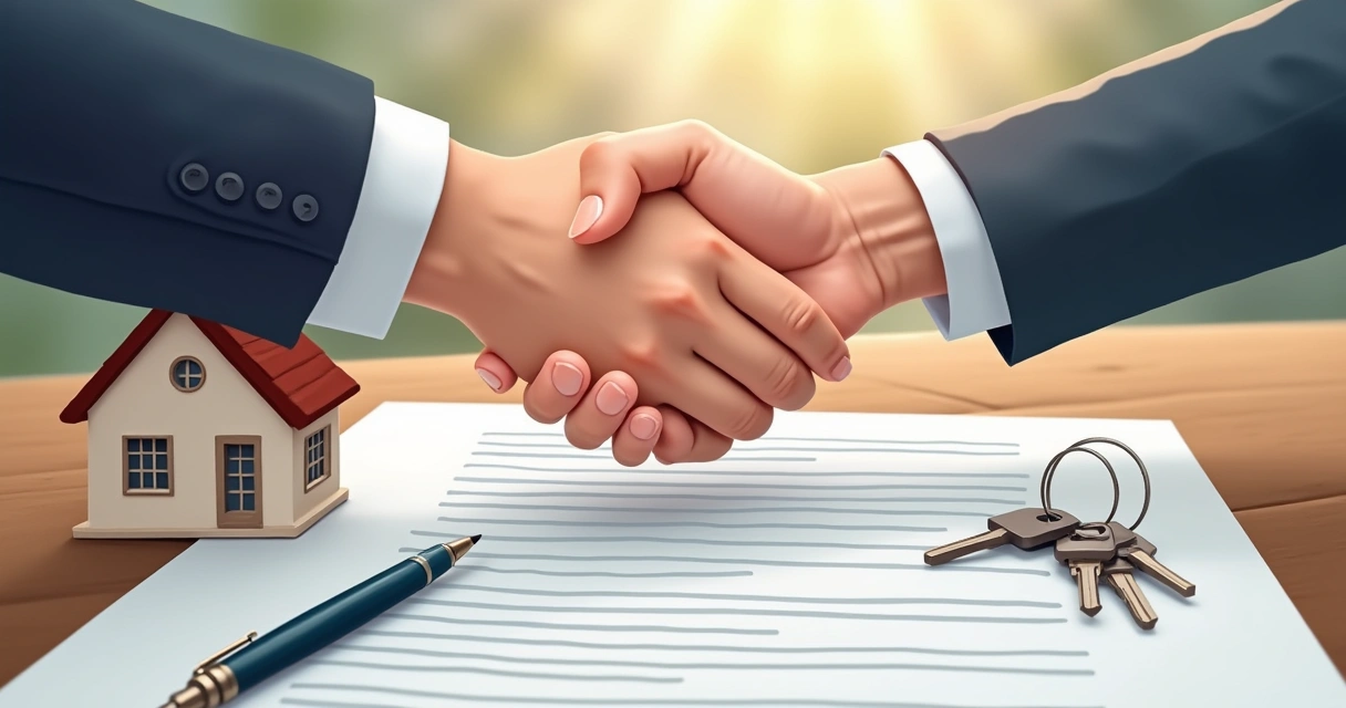 Duas mãos apertando em cima de contrato imobiliário assinado, com caneta e chaves ao lado 