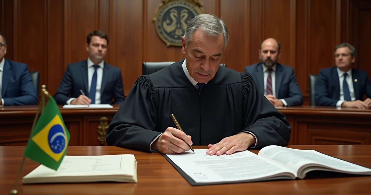 Juiz validando acordo de delação premiada na mesa do tribunal 