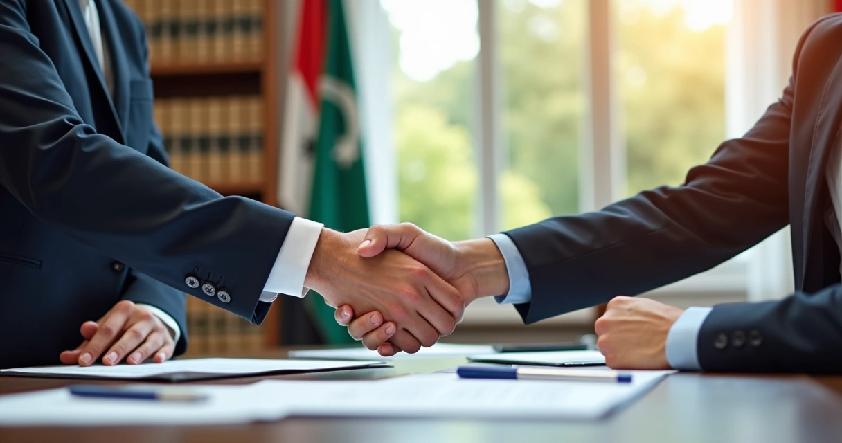 Representante de empresa cumprimentando gestor público após reunião