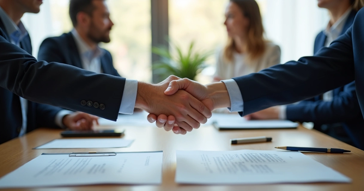 Aperto de mãos após acordo em mediação empresarial 