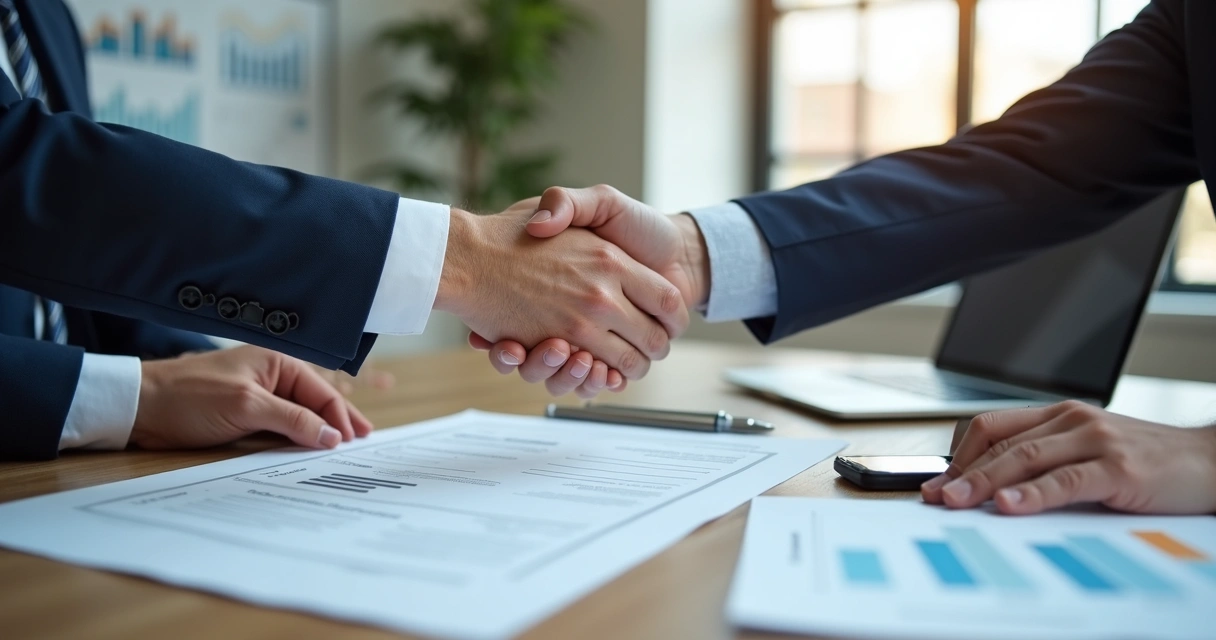 Duas pessoas apertando as mãos em uma mesa de reunião, com contrato de compra e venda à vista