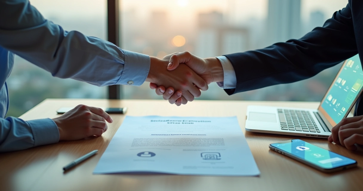 Duas pessoas apertam as mãos sobre contrato de empréstimo digital entre pessoas 