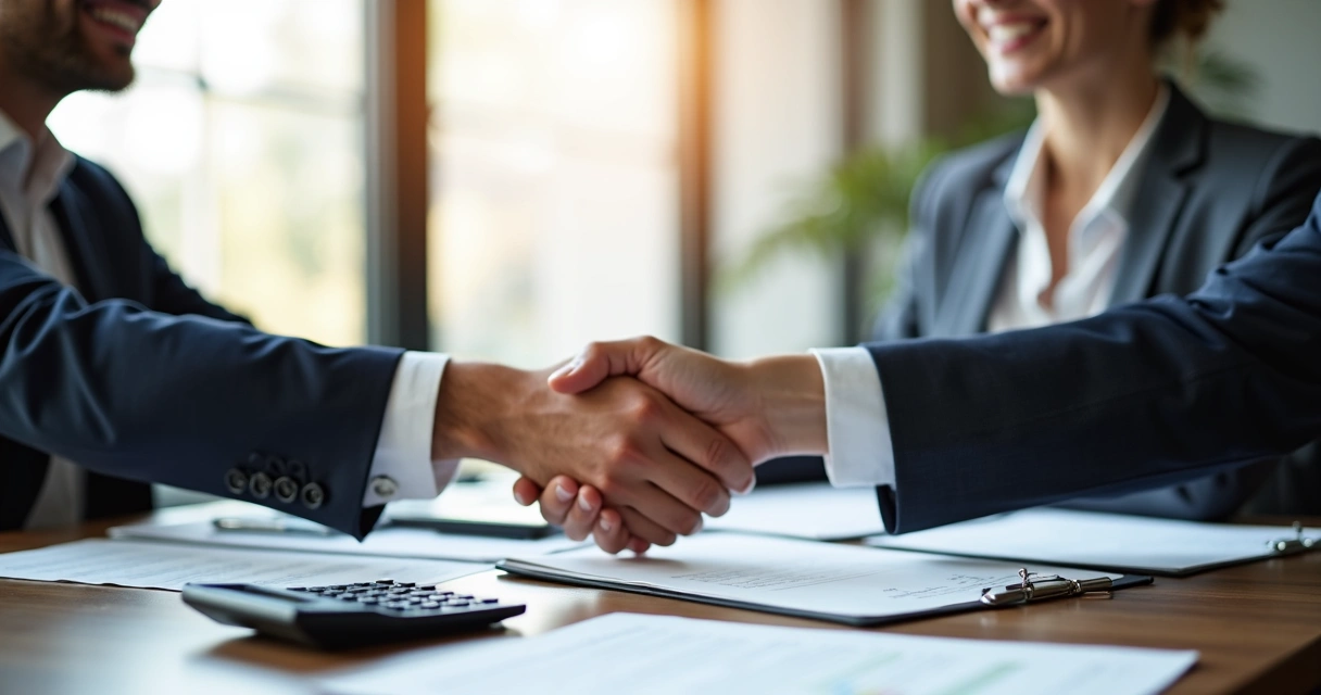 Proprietário e inquilino apertando as mãos após acordo de negociação