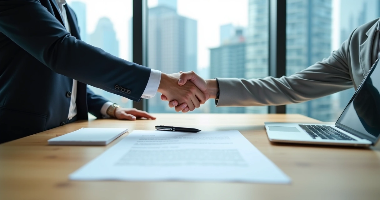 Fundador de startup e investidor apertando as mãos em frente a documento de acordo 