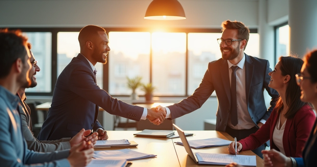 Dois colegas apertando as mãos após resolverem um conflito, rodeados por outros membros da equipe observando satisfeitos 