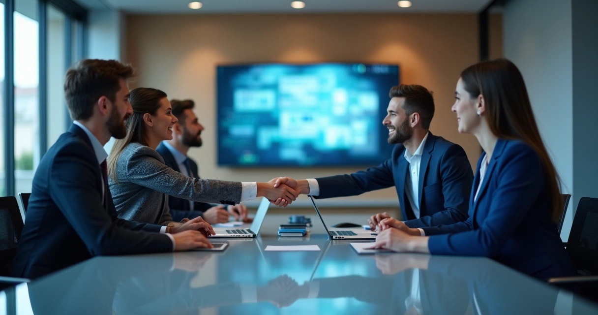 Equipe híbrida fazendo acordo com aperto de mãos em ambiente misto