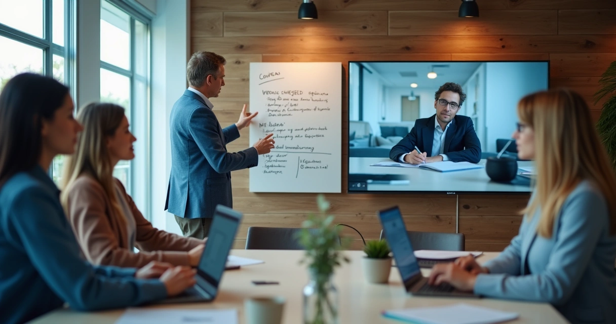 Líder e equipe revisando acordos de trabalho híbrido