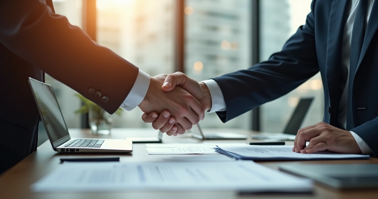 Aperto de mãos entre executivos em escritório moderno com documentos de contrato sobre a mesa 