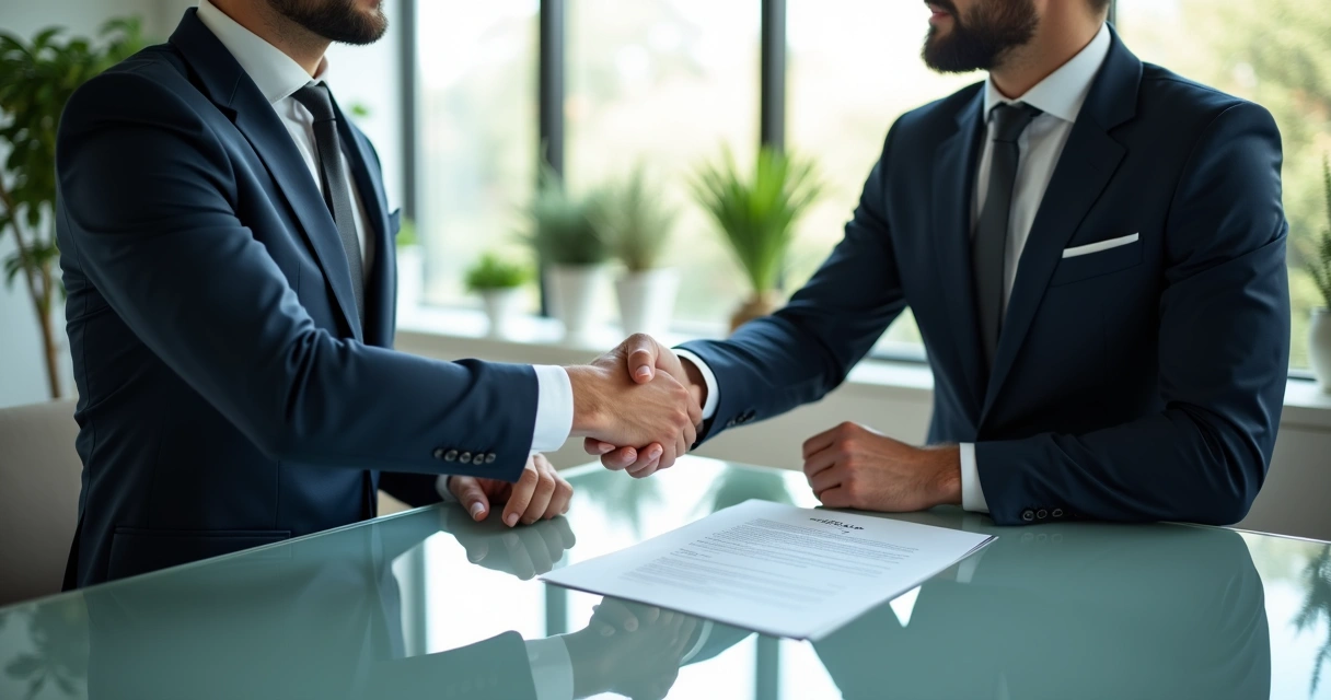 Dois gestores apertando as mãos com documento de código de ética na mesa