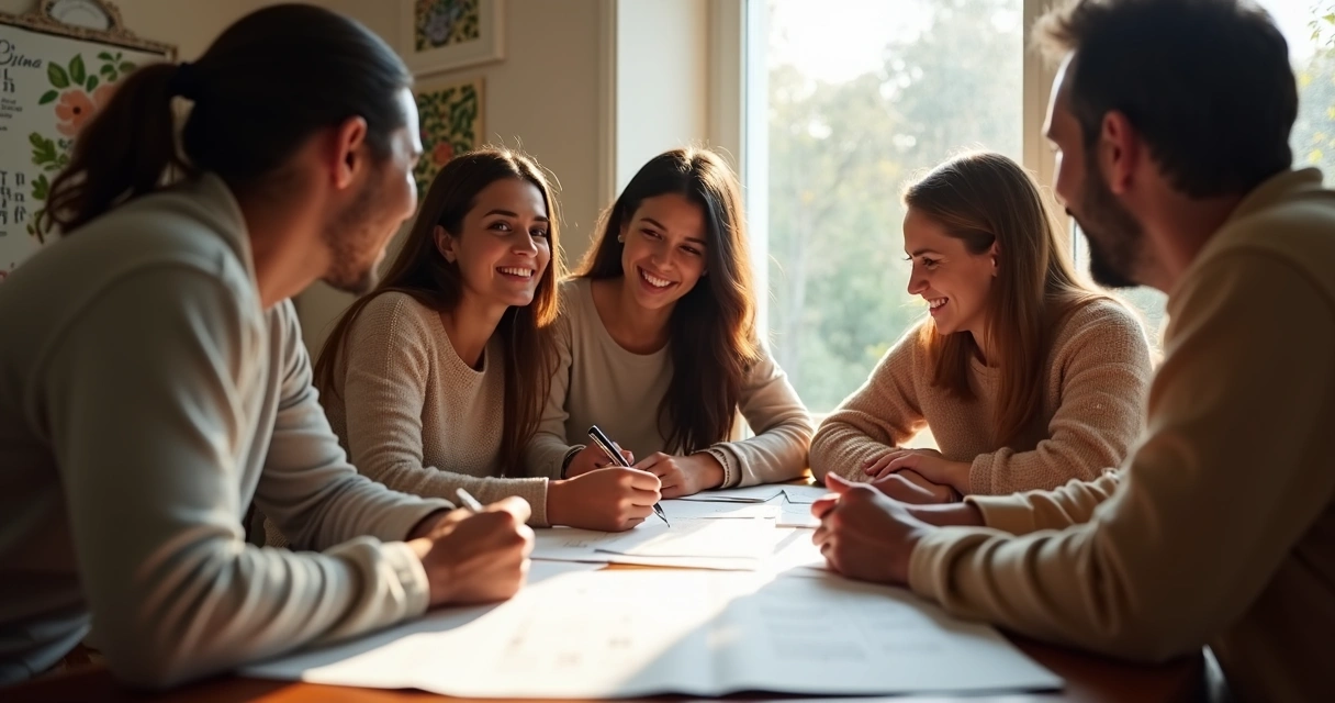 Família fazendo acordo escrito na sala. 