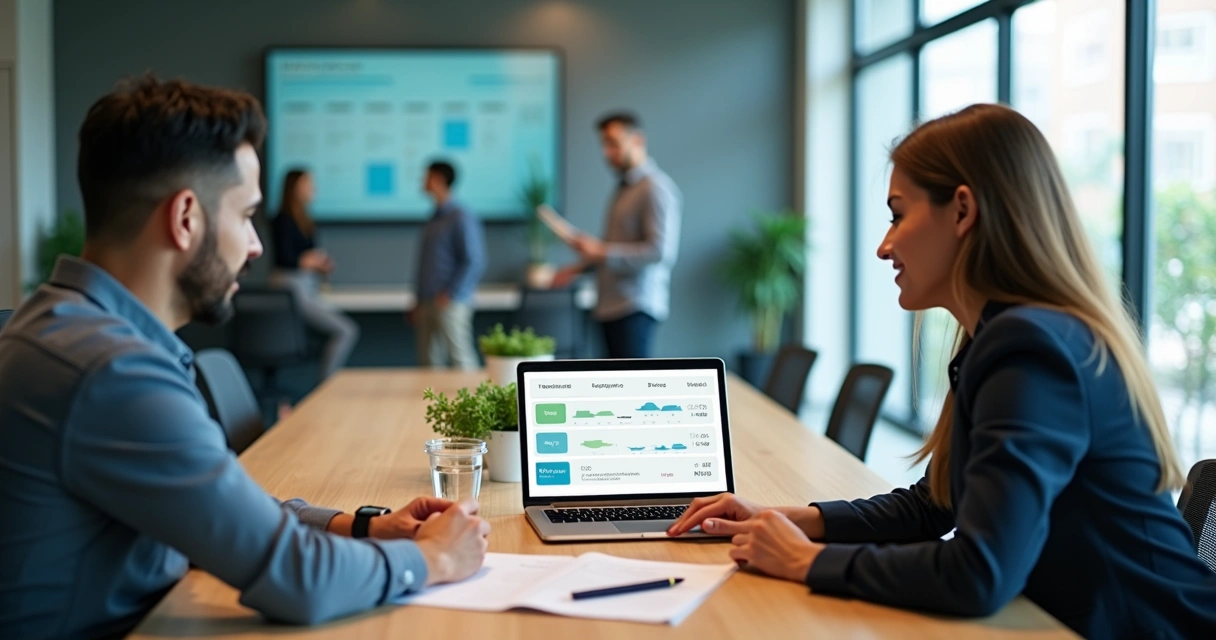 Gestor de RH e funcionário ajustando horário de trabalho em ambiente de escritório moderno 